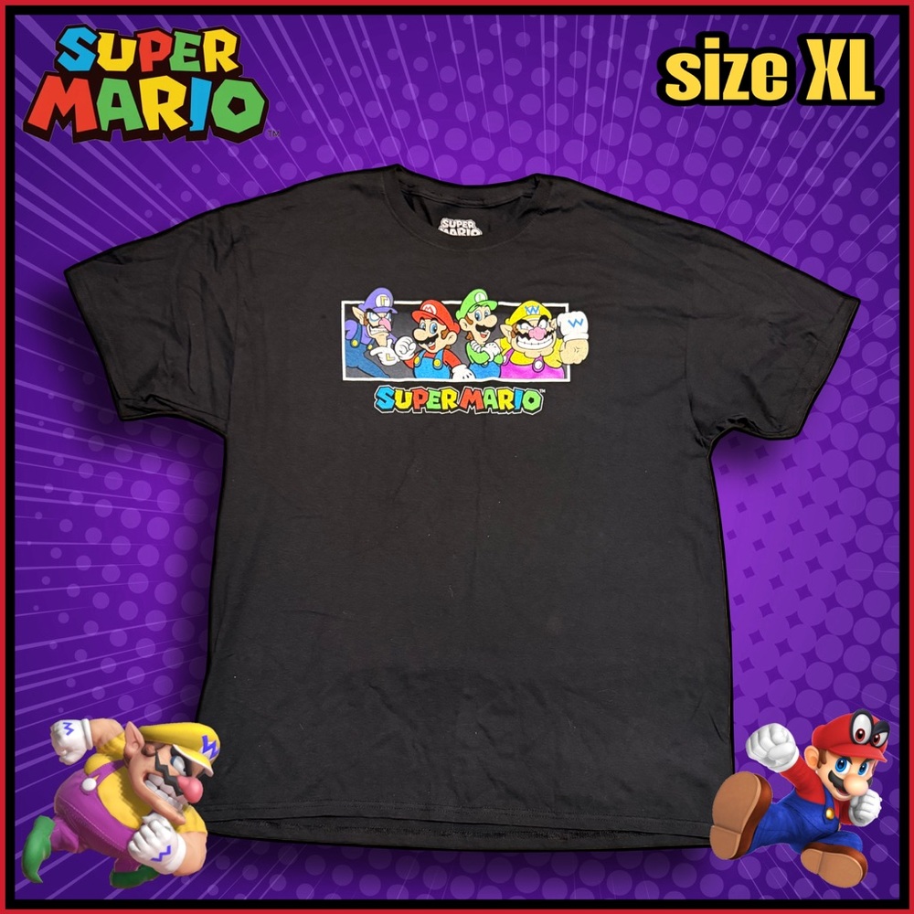 SUPER MARIO black short sleeve characters logo graphic TSHIRT size XL
